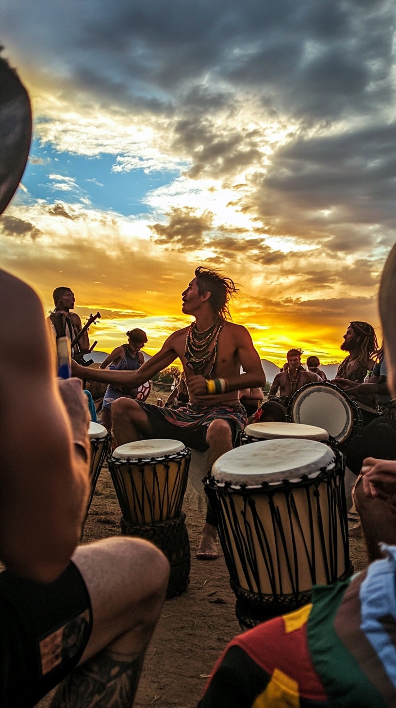 Drum circle at sunset