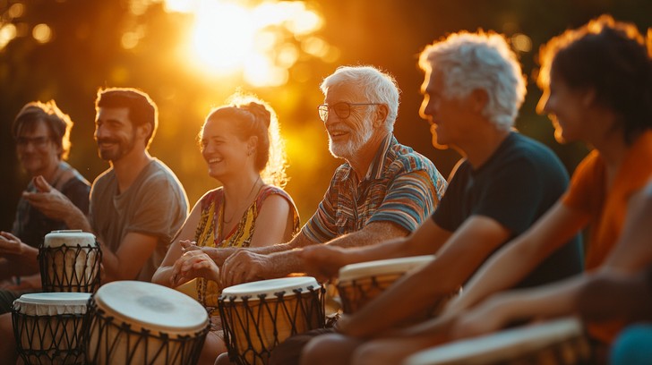 Friends drumming together at sunset