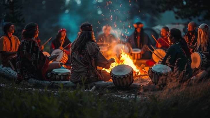 A community drum circle gathered at twilight