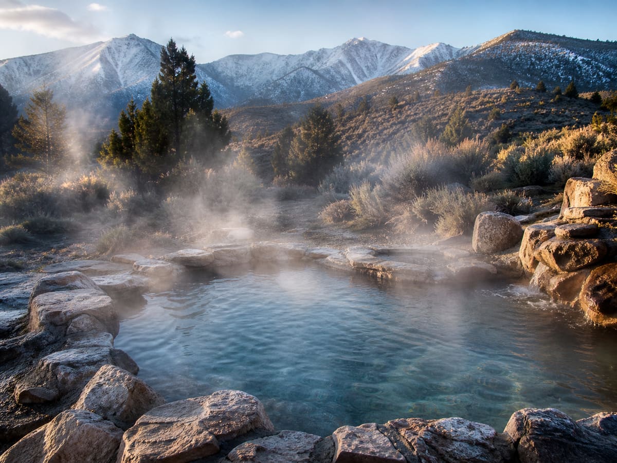 Steaming natural hot spring below snow-capped Idaho mountains at golden hour
